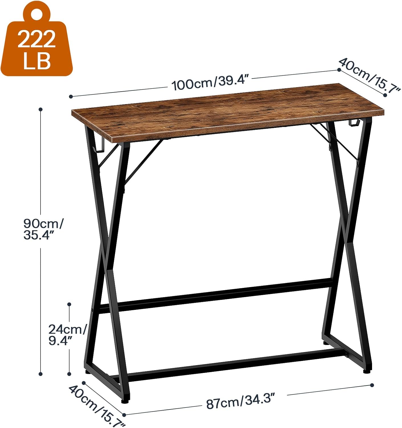 HOOBRO 39.4 Inch Bar Table, Counter Height Rectangular Bar Table, Pub Dining Table, Metal Frame with Footrest and 2 Hooks, for Narrow Space, Bistro and Living Room, Rustic Brown and Black BF67BT01