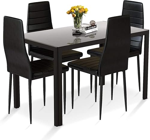 Miniatura 1 de Henf Juego de mesa de comedor de 5 piezas moderno juego de mesa de comedor para 4 personas con mesa superior de cristal templado y 4 sillas de piel
