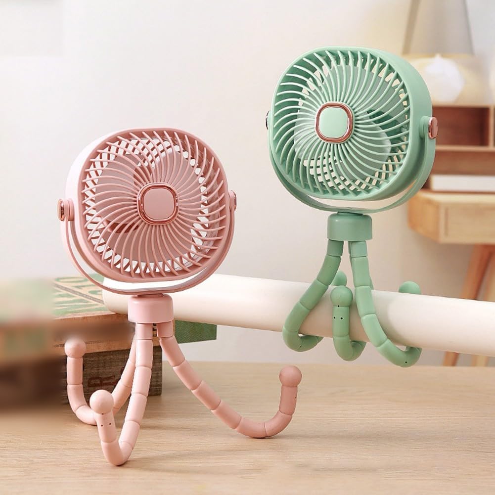 Tragbarer Kinderwagen-Ventilator, 8000 mAh, mit 360-Grad-Drehung, LED-Licht, abnehmbarem Kopf und 4 Geschwindigkeitsoptionen für den Einsatz (Rosa)