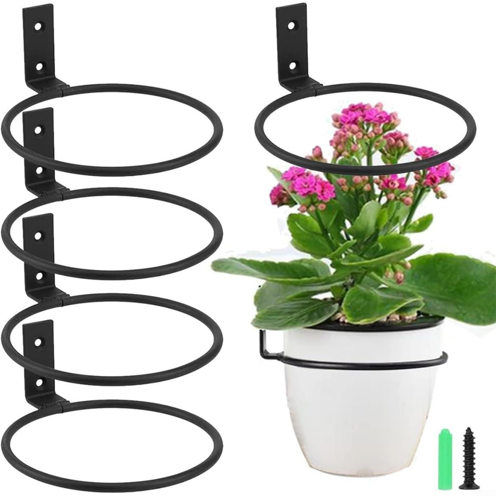 Metal Flower Pot Holder Ring Wall Mounted Hanging Plant Bracket Indoor Outdoor Decorative Planter-Hanger 4 Sizes 6 Pack Heavy Duty Foldable Garden Hook Black 40 lbs Capacity(6in)
