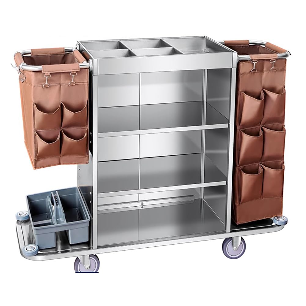 Einseitiger Wäschereinigungswagen Aus Edelstahl Mit 4 Stillen Rädern Und 2 Abnehmbaren Stoffbeuteln, Zimmerreinigungsservice, Tragbarer Multifunktionaler Trolley,B