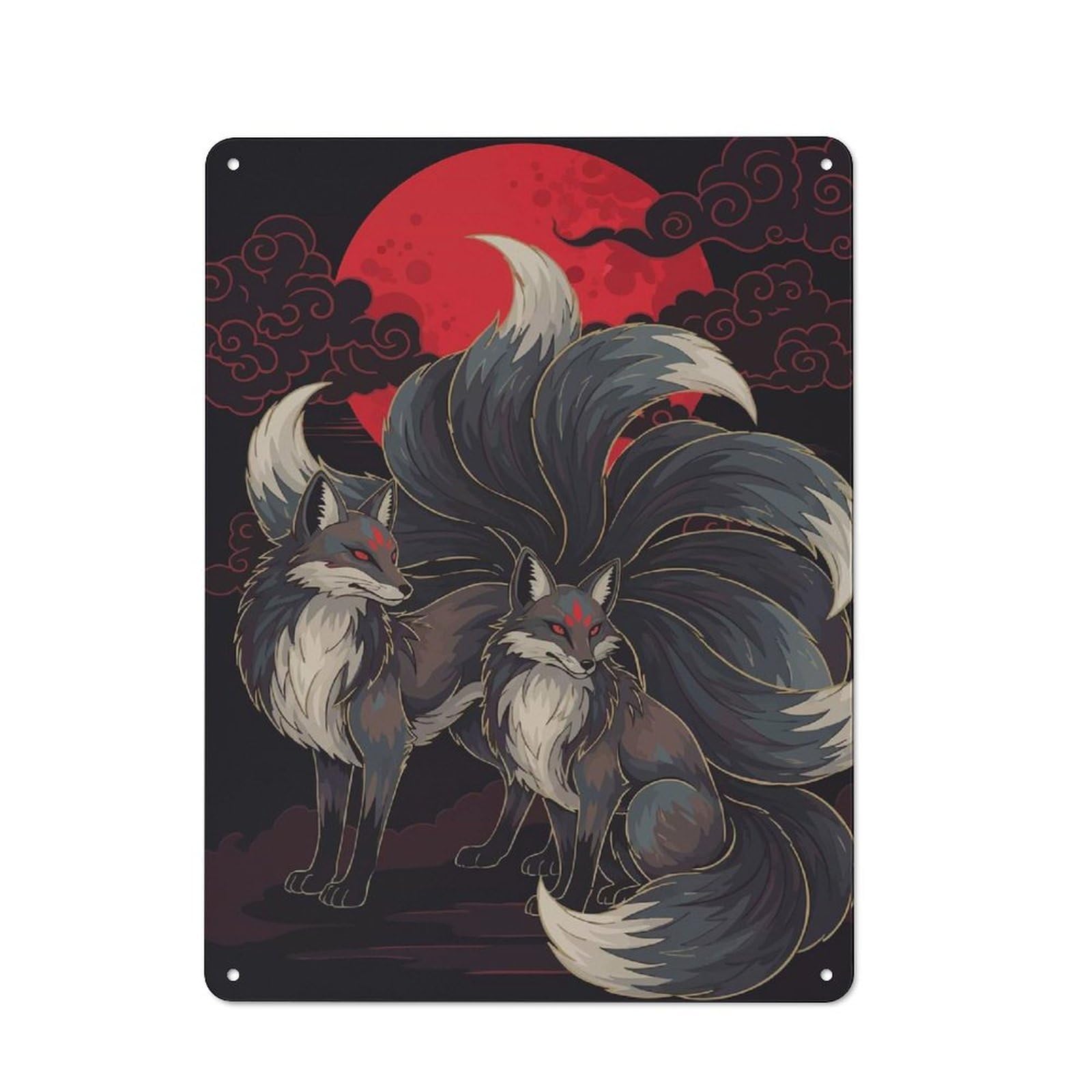 Junmoney Style-14 Tin Wall Plaque 40X30cm With Nine-Tailed Foxes Red Moon For Kitchen Or Home Bar, For Vintage Wall Decor Fans, For Garage And Workshop Walls
