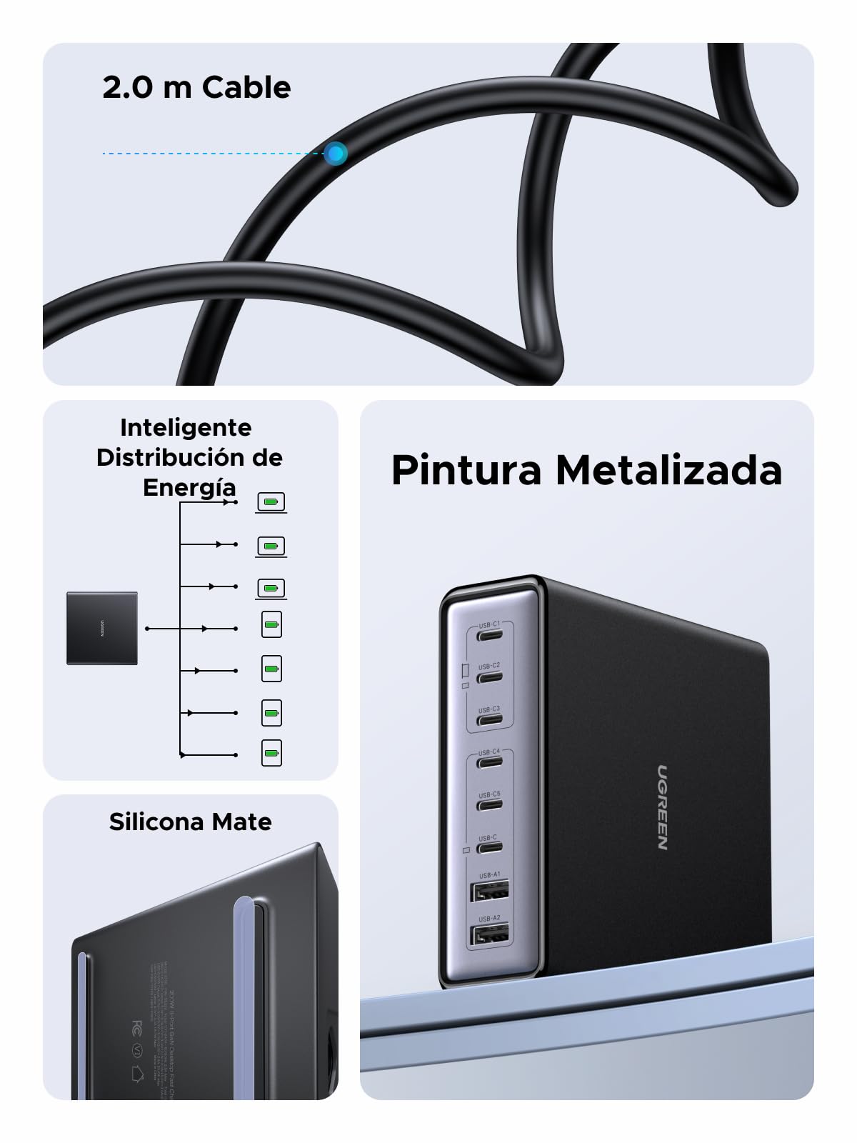 UGREEN Zapix 200W Cargador USB C GAN Estación de Carga de Sobremesa | 8 Puerto 100W PD 3.1 PPS 45W Carga Rápida GAN Compatible con MacBook Pro Air iPhone 17 Pro Max Air 16 Galaxy S26