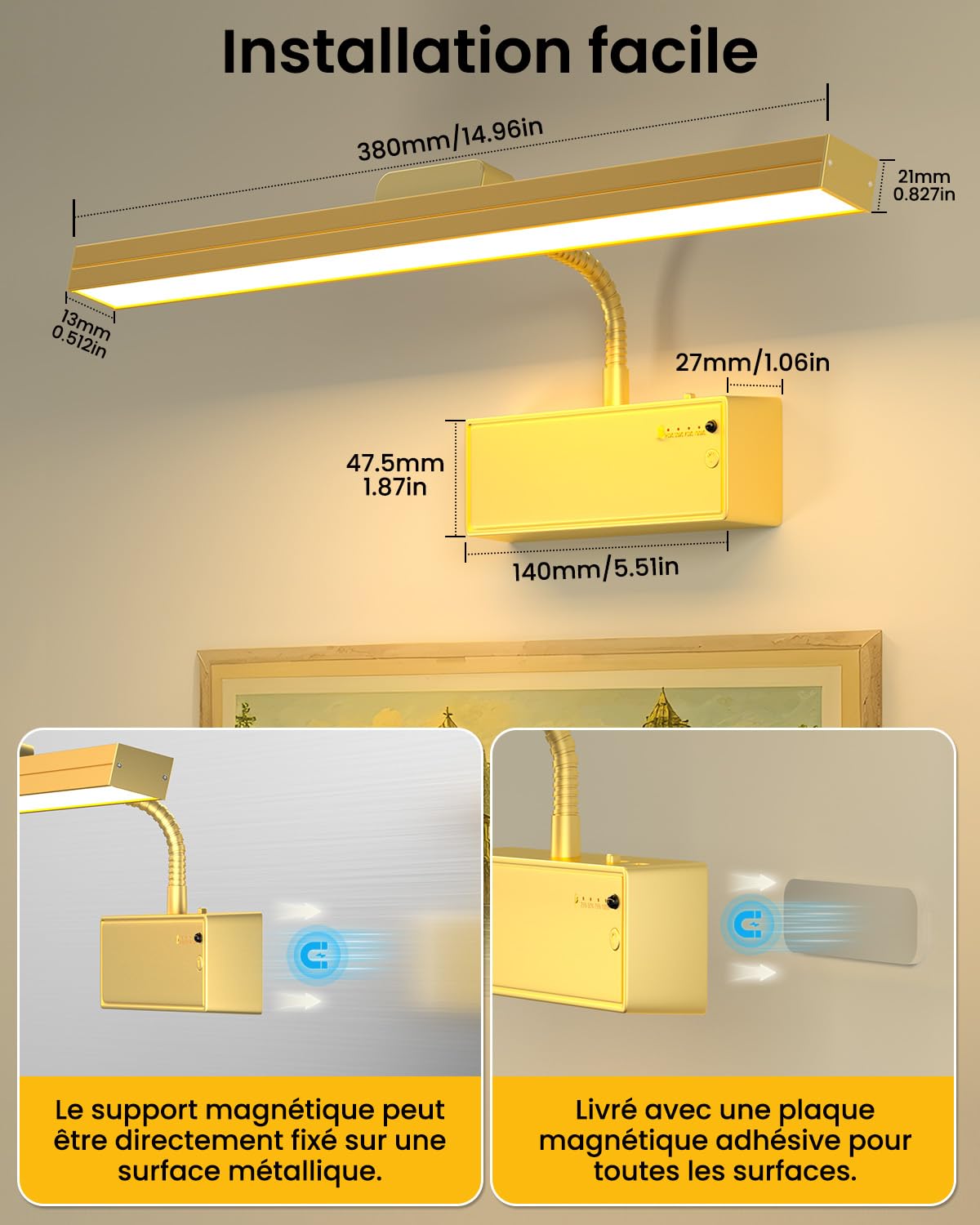 Applique Murale pour Tableaux, Eclairage Tableau sans fil Rechargeable 3000mAh avec Télécommande et Minuterie, Lampe Murale LED Magnétique Dimmable pour Art, Galerie, Cible de Fléchettes, Or