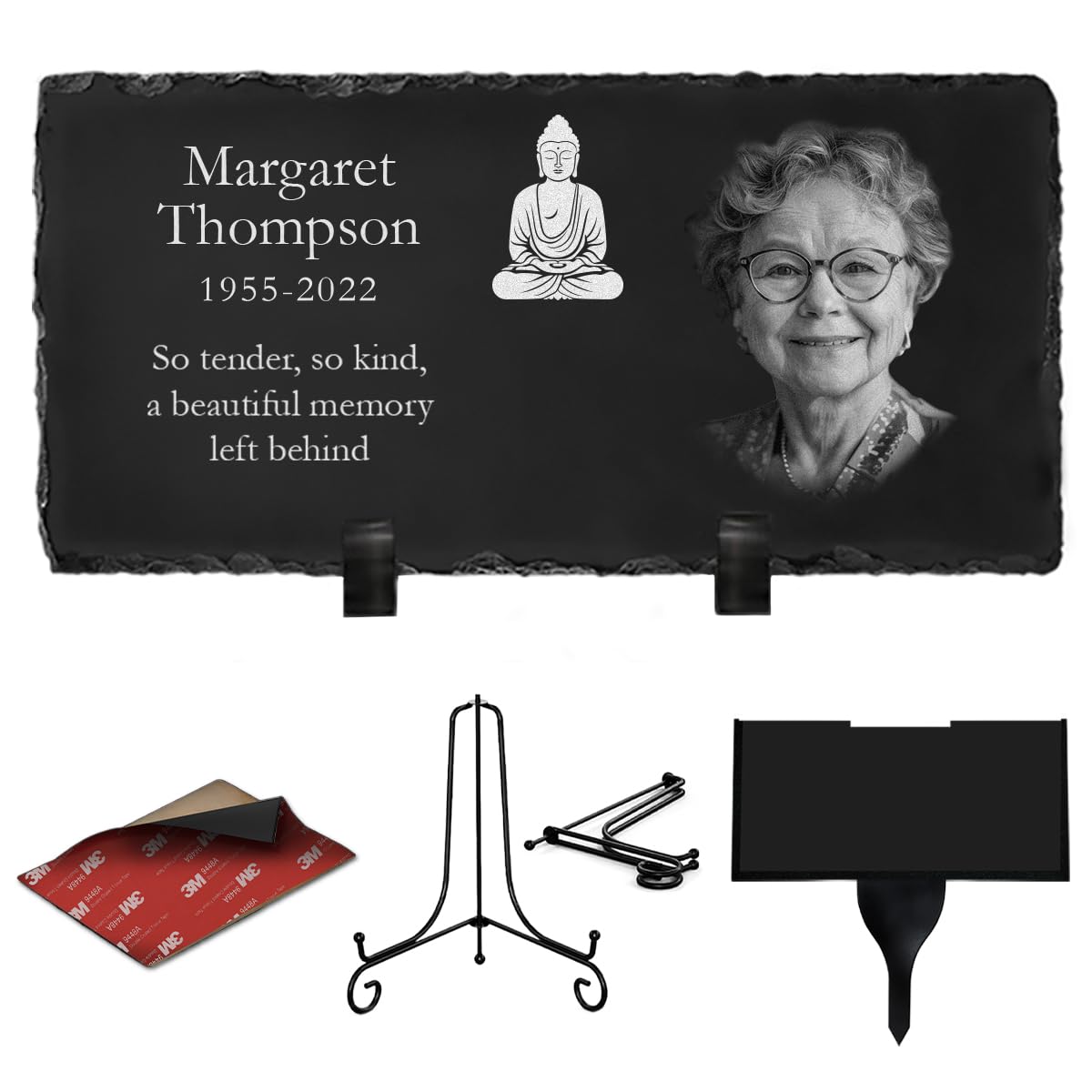 ETERNEL - Personalized Multi-Supports Buddha Memorial Plaque - to plant, stick, or place, Slate or Granite, Photo and text of your choice, Cemetery plaque, funeral, burial, deceased, tribute