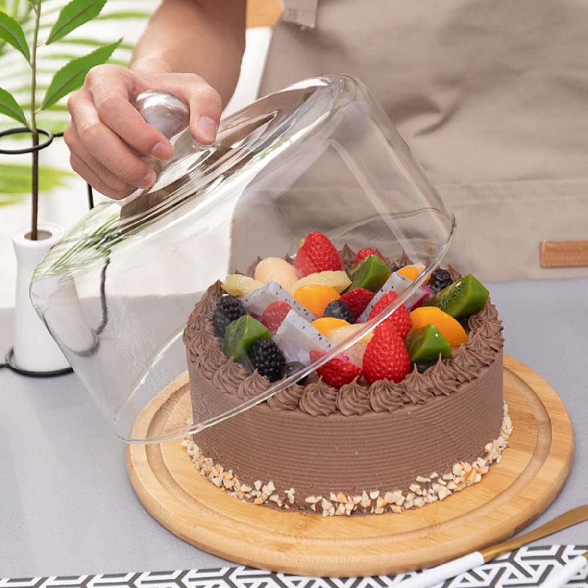 Cúpula de cristal para tartas con plato de bambú para servir, 21 x 21 x 15,7 cm, perfecta para queso, pasteles y postres, elegante solución de exhibición y almacenamiento de alimentos