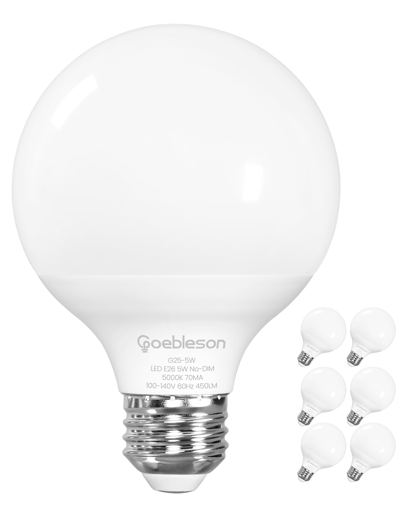 6-Pack G25 LED Vanity Light Bulbs 5W 60W Equivalent 5000K Cool White 450LM CRI90 Non-Dimmable Globe Bulb for