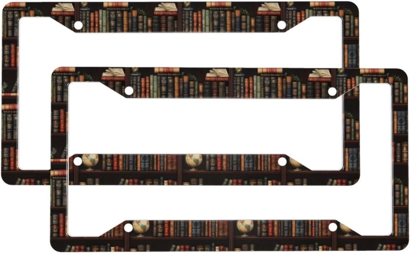 2 Pcs Car License Plate Frames for Women Men – Vintage Bookshelf Print Aluminum Solid License Plate Cover for Car Accessories for Women Men with