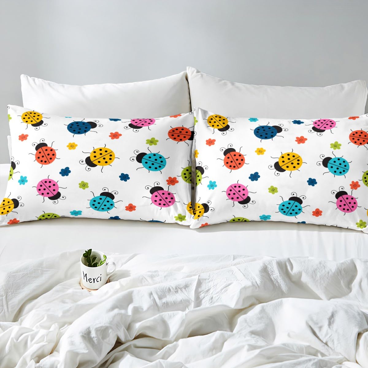 Castle Fairy Set di biancheria da letto per bambini e ragazzi, motivo coccinella, motivo floreale ad acquerello e animali, lenzuolo con angoli, decorazione entomologica, 2 pezzi, 1 copripiumino e 1