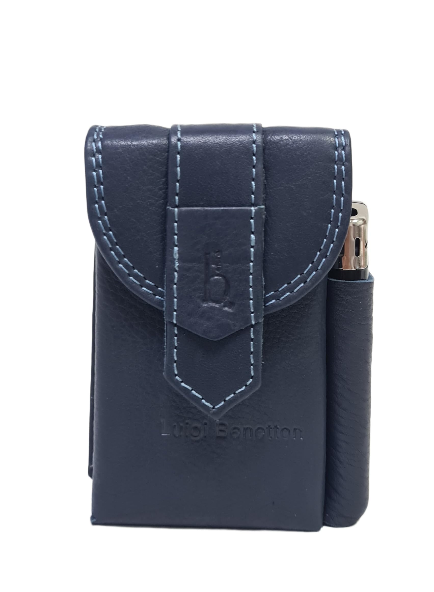 Luigi Benetton Portasigarette in Vera Pelle, Doppio Bottone, Porta Accendino Laterale, Dimensioni 10x6,5x3 cm, con Scatola Regalo Art. 3176 (BLU)
