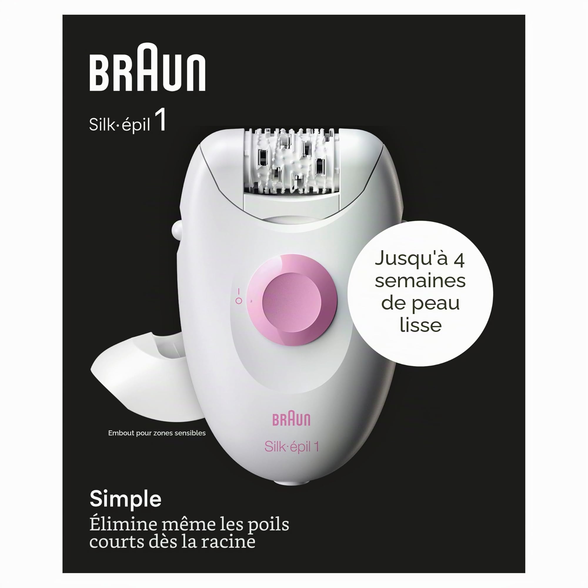 Braun Silk Épilateur 1 1-010 avec câble pour l'élimination des poils, semaines, peau douce, blanc/rose