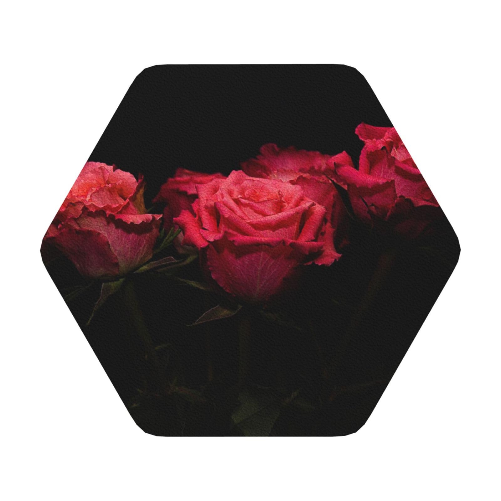 Red Rose and Black Leaves PU Leather Coasters Set of 6 Hexagon Drink Coasters