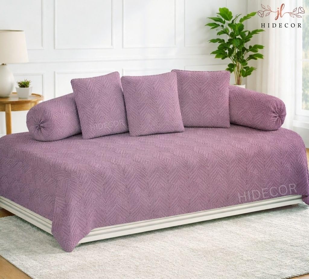 HIDECOR Super Soft Glace Cotton Emboss diwan Set for Living Room, diwan Set Covers Cotton, diwan Set 6 Pieces One Single Bedsheet with 3 Cushion Cover,2 Bolster (Lavender)-image-29