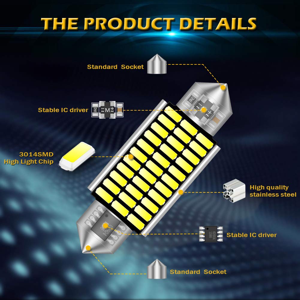 KATUR Żarówki LED Festoon C5W 41 mm, 42 mm, 6000 K, białe światło, super jasne chipsety Canbus, bez błędów, dla 211-2, 212-2, 214-2, 2112, 2122, 569, 578, oświetlenie wnętrza, kopuły, tablicy