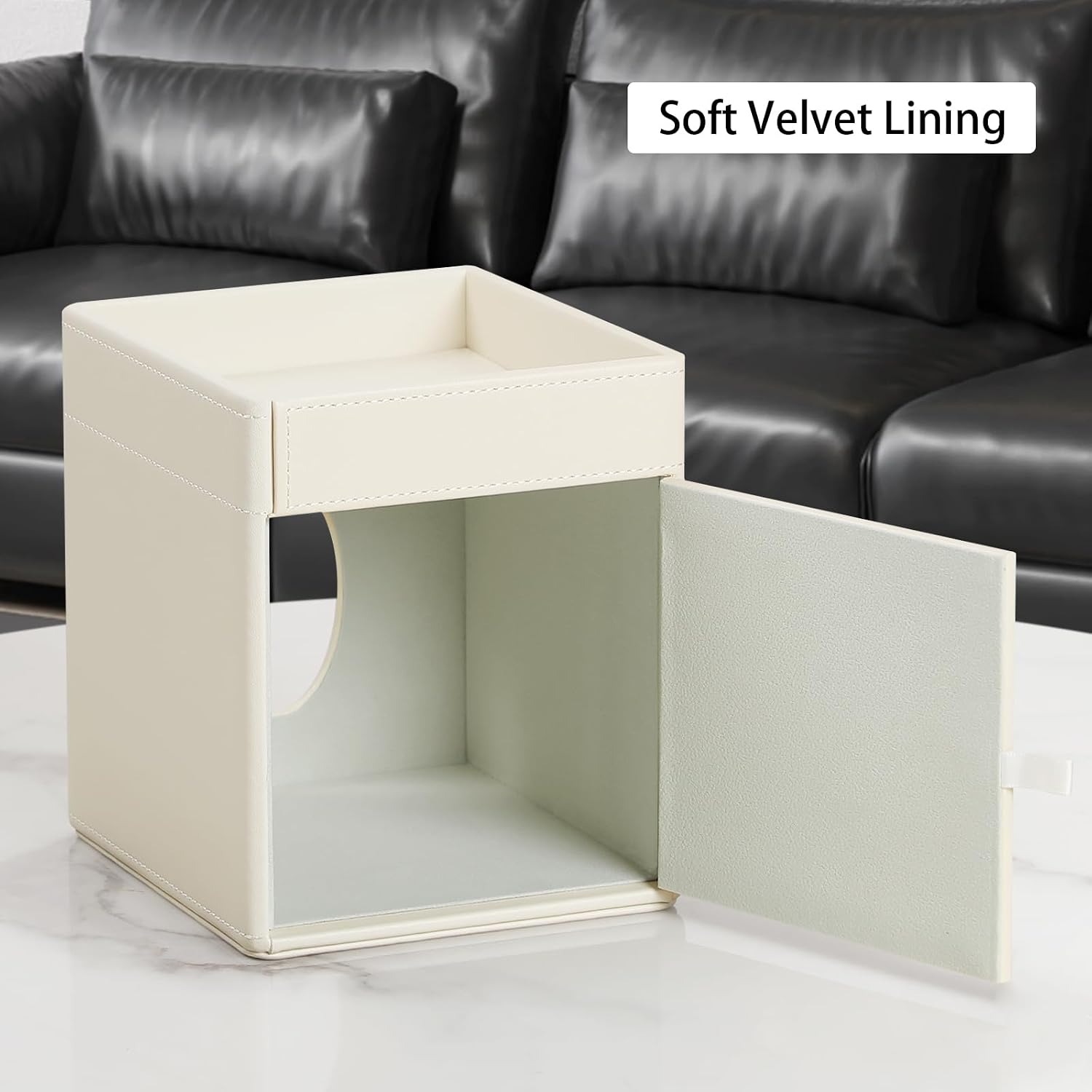 Tissue Box Cover, PU Leather Square Tissue Box Holder with Storage Tray for Bathroom Vanity Countertop Night Stands Bedroom Office Desk, Stylish Tissue Holder Decorative Organizer (Cream)