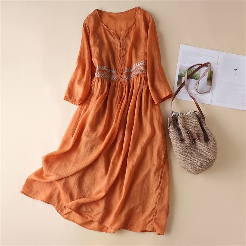 knee length dresses for ladies FantasyLinen Casual Stripe Literary Dress, Loose A-shape High Waist Dr