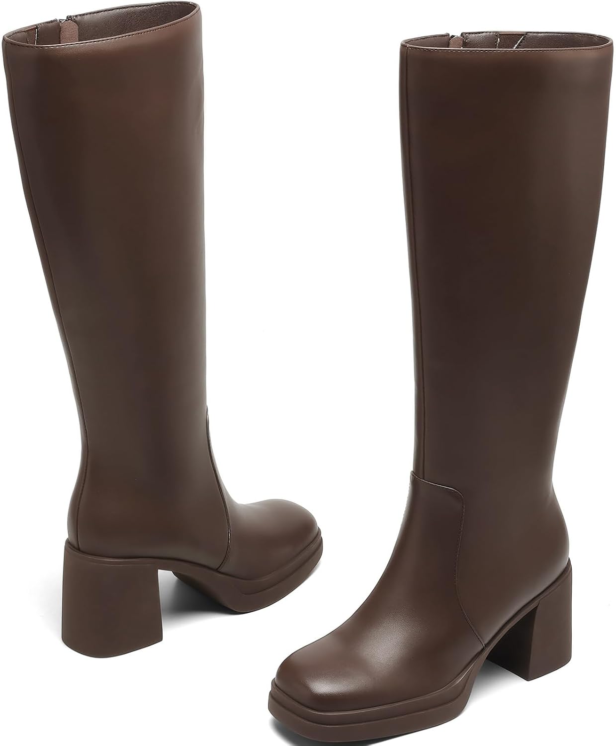 Women's Knee High Boots Square Toe Side Zipper Chunky 3 Inch Heel Platform Boots for Women Faux Leather Fall Tall Boots with Wide Calf Comfort Casual Commuter Dress Heeled Boots - Image 5