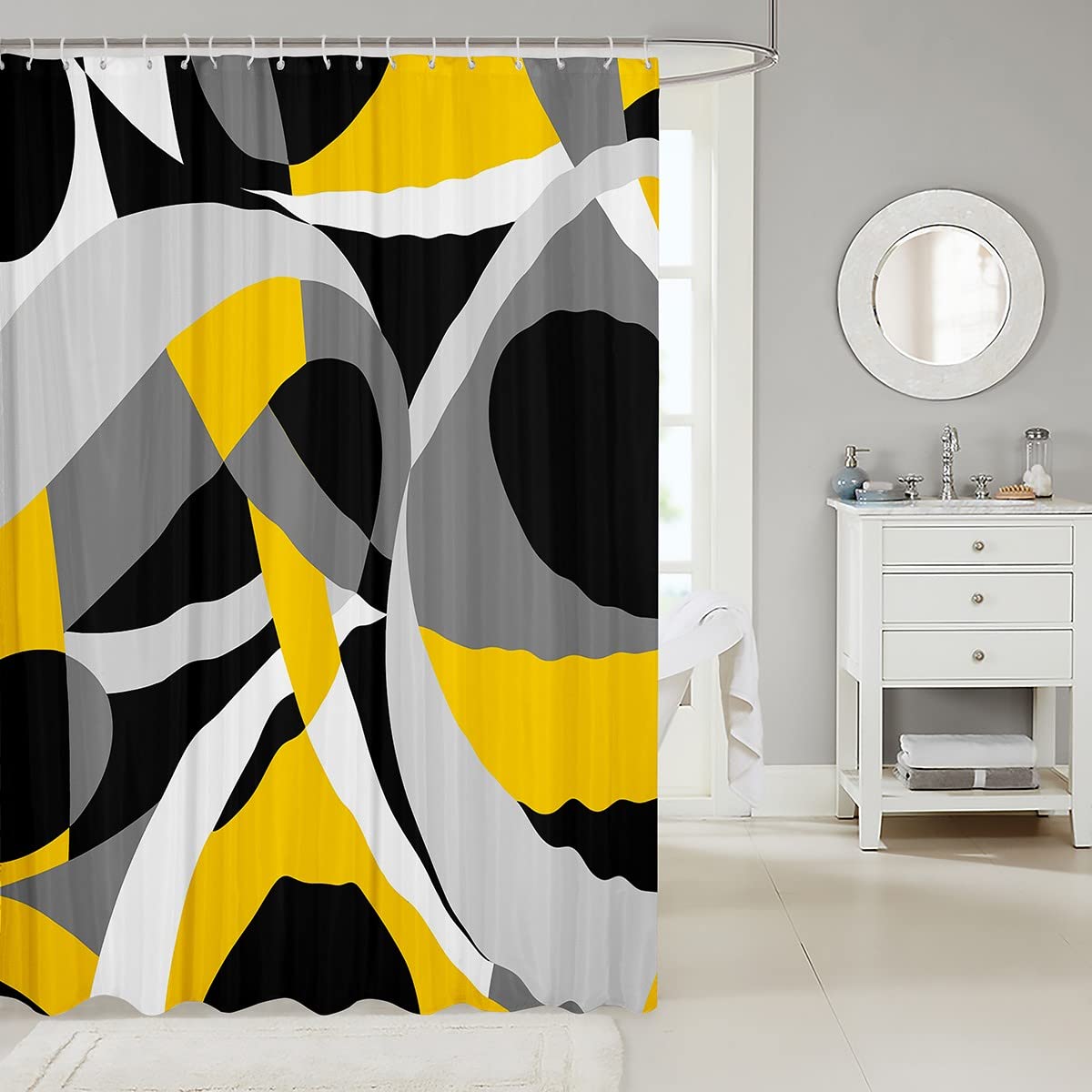 Loussiesd Yellow Geometric Bath Curtain Yellow Grey and Black Shower Curtain Geometric Stripe Swirl Lines Bathroom Shower Curtain Set Swirl Modern Luxury Kids Bathroom Accessories 72x72 Inch - Image 2