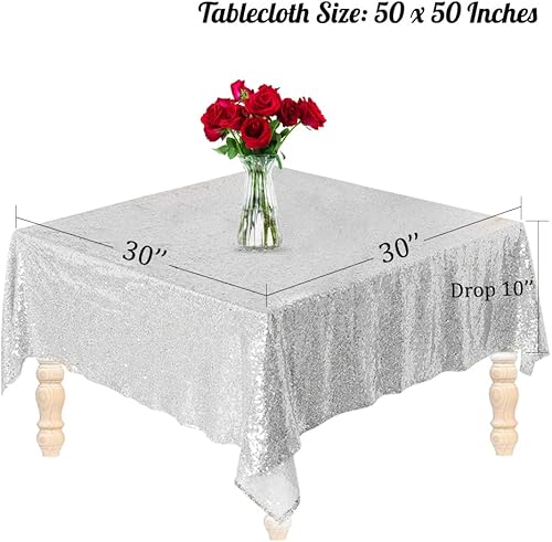 Miniatura 2 de Mantel de lentejuelas de 50 x 80 pulgadas, mantel plateado con purpurina sin costuras, superposición brillante para decoración de mesa de fiesta de