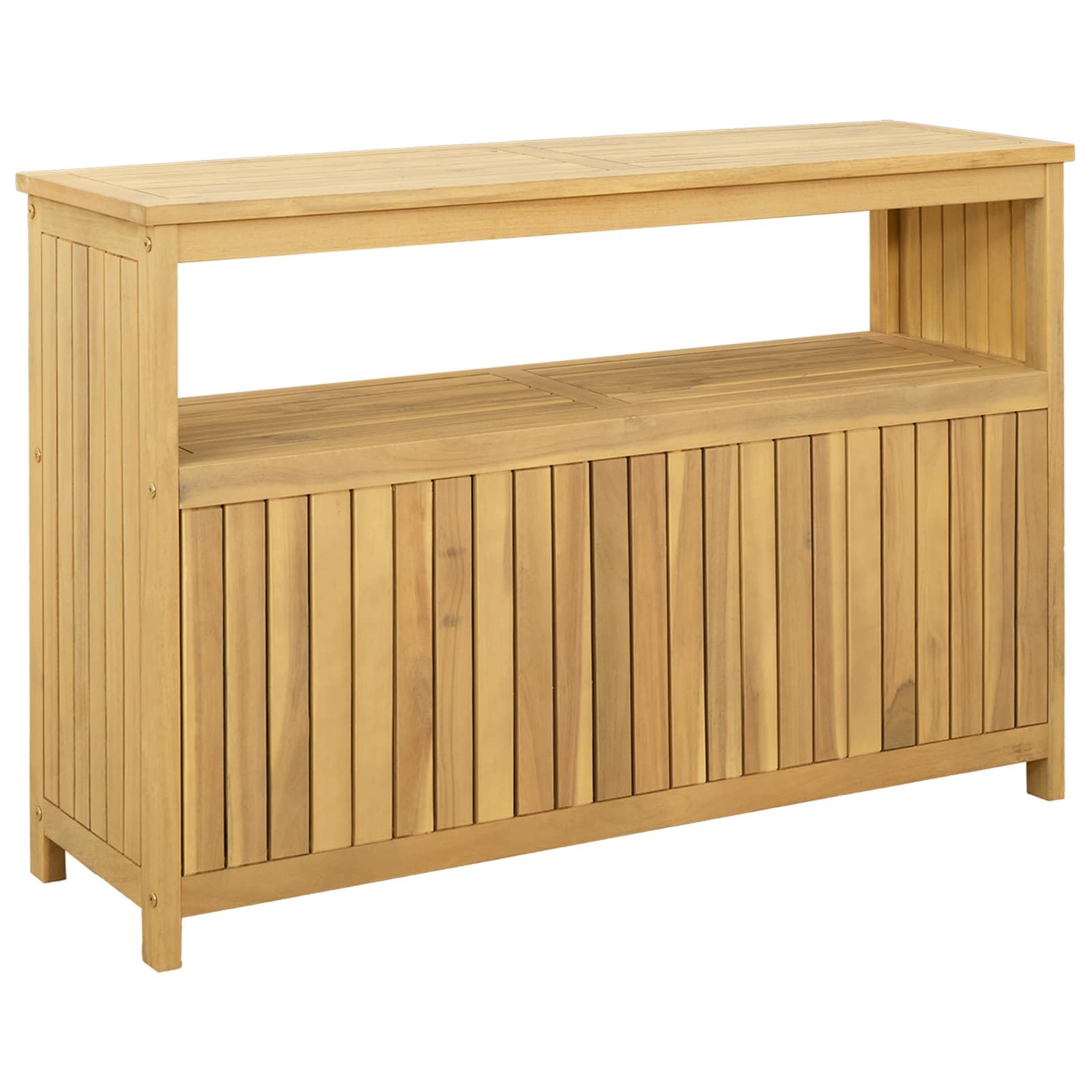 Tavolo da giardino in legno di acacia massiccio, 110 x 35 x 75 cm, con pratici ripiani, design impermeabile, per interni ed esterni, tavolo consolle rustico per organizzare e decorare