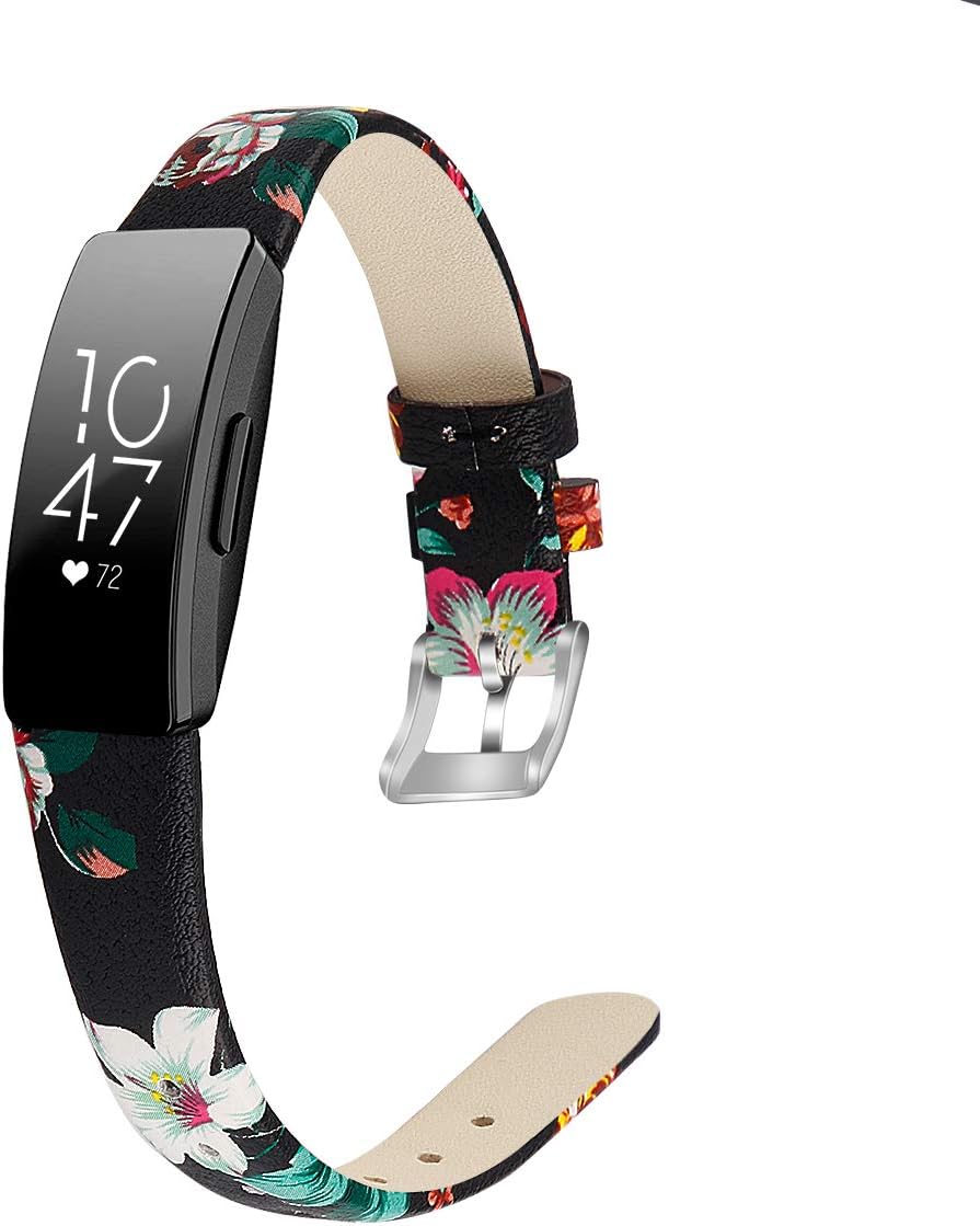 MEFEO Compatible with Fitbit Inspire Bands/Inspire HR Band, Genuine Leather Slim Soft Strap Wristbands Accessories Replacement for Fitbit Inspire Fitness Tracker (Floral 3, Large (6.6"-8.8"))