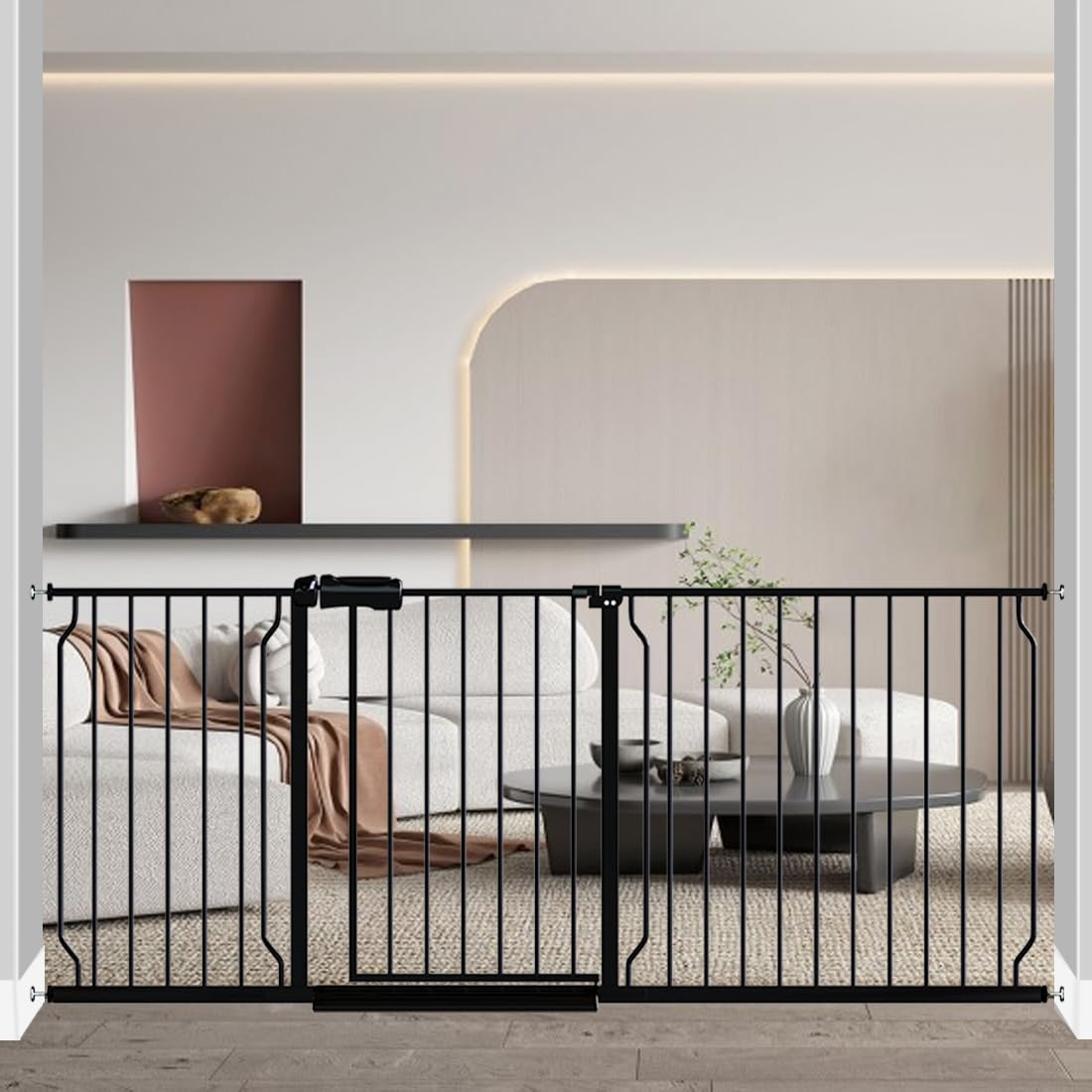 Fairy Baby Extra Wide Baby Gate 71.6-76.3 Inch Wide, Walk Through Pressure Mounted No Drill, Long and Large Tension Gate for Pet and Kids, Black 71.6-76.37 Inch