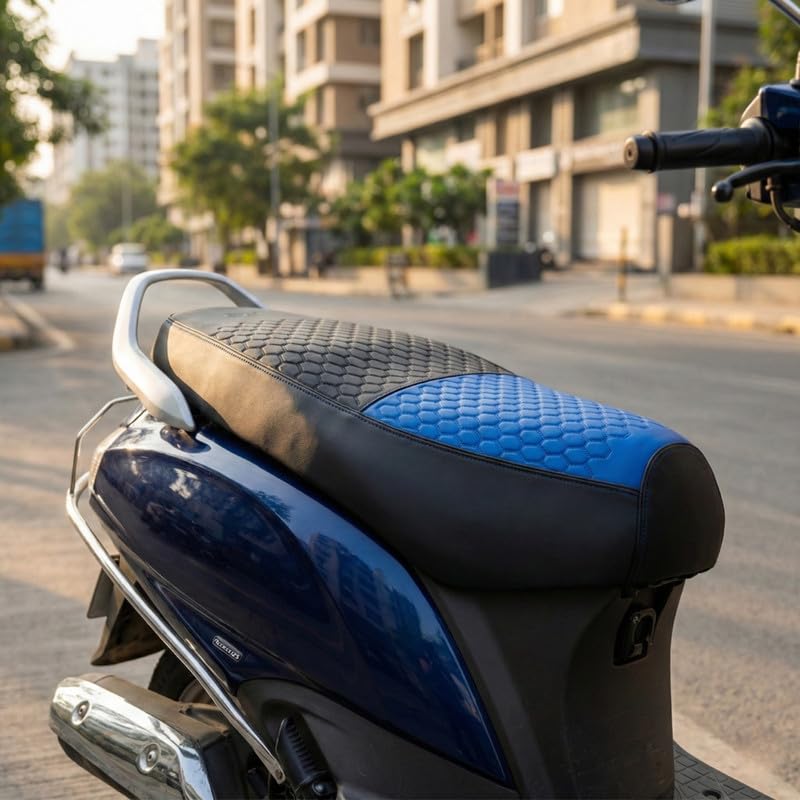 Image of Neodrift Premium Scooty Seat Cover - TVS Orbiter| Blue+Black | Anti-Slip & Shock-Absorbing Design | Water-Resistant Fit | Strip Cushioning | Easy Fit | Nappa Art Leather
