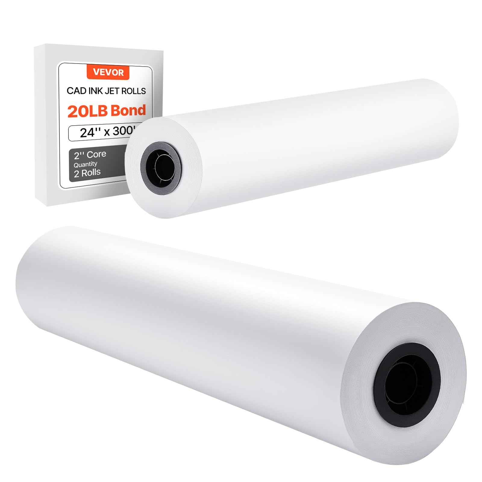 VEVOR Rouleau de papier à dessin blanc, grand format 609,​6 mm x 91,​4 m, lot de 2 rouleaux de papier pour traceur CAO, noyau de 50,​8 mm, pour plans d'ingénierie, cartes SIG, conceptions architecturales
