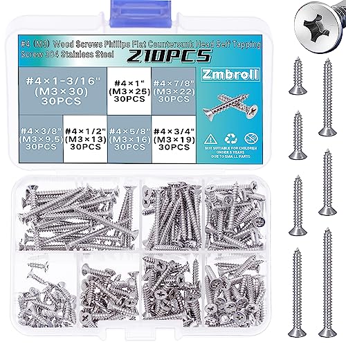 210 piezas de tornillos para madera #4 M3 de acero inoxidable 304 cabeza plana avellanada Phillips autorroscantes