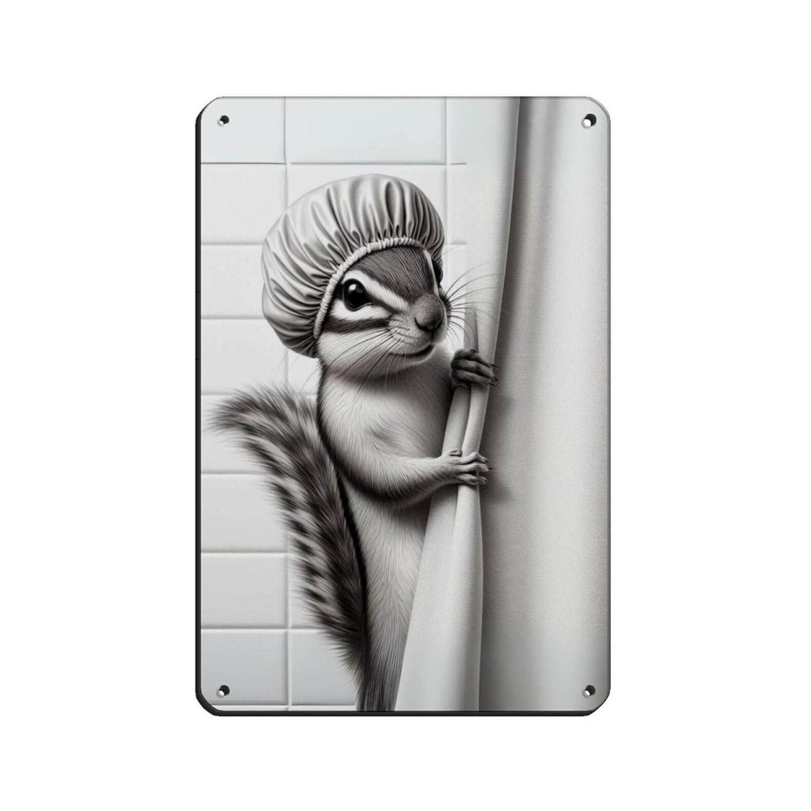Chipmunk Bathroom Art,Peeking Out of Shower Curtain Tin Sign Vintage Metal Pub Club Cafe Bar Home Wall Art Decoration Poster Retro 8x12inch(20x30cm)