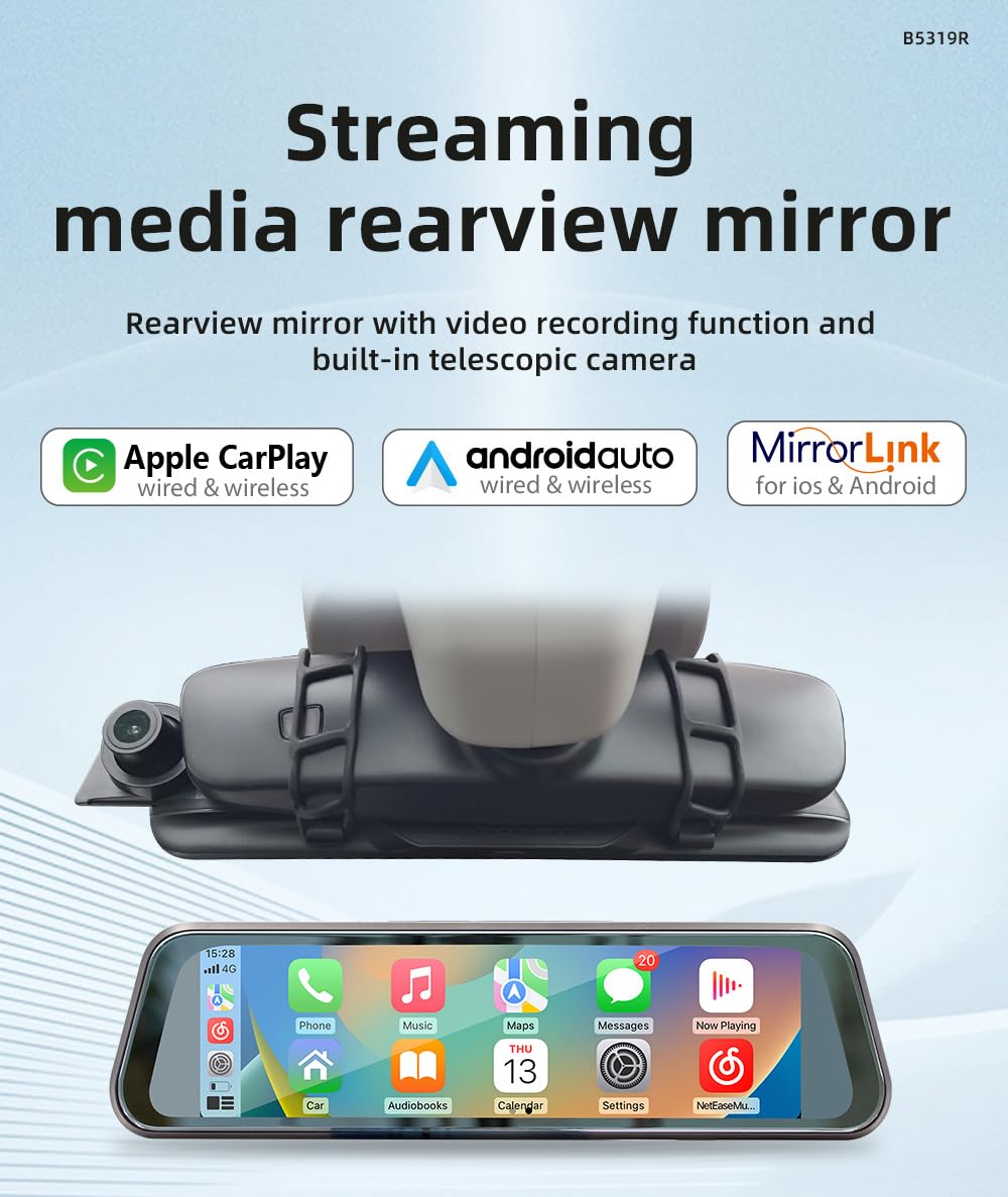Touch screen da 9,36 pollici specchietto retrovisore auto stereo videoregistratore Dash Cam/Wireless CarPlay Android Auto Multimedia Player/Bluetooth compatibile MP5/Mirrolink/Trasmettitore FM/BT
