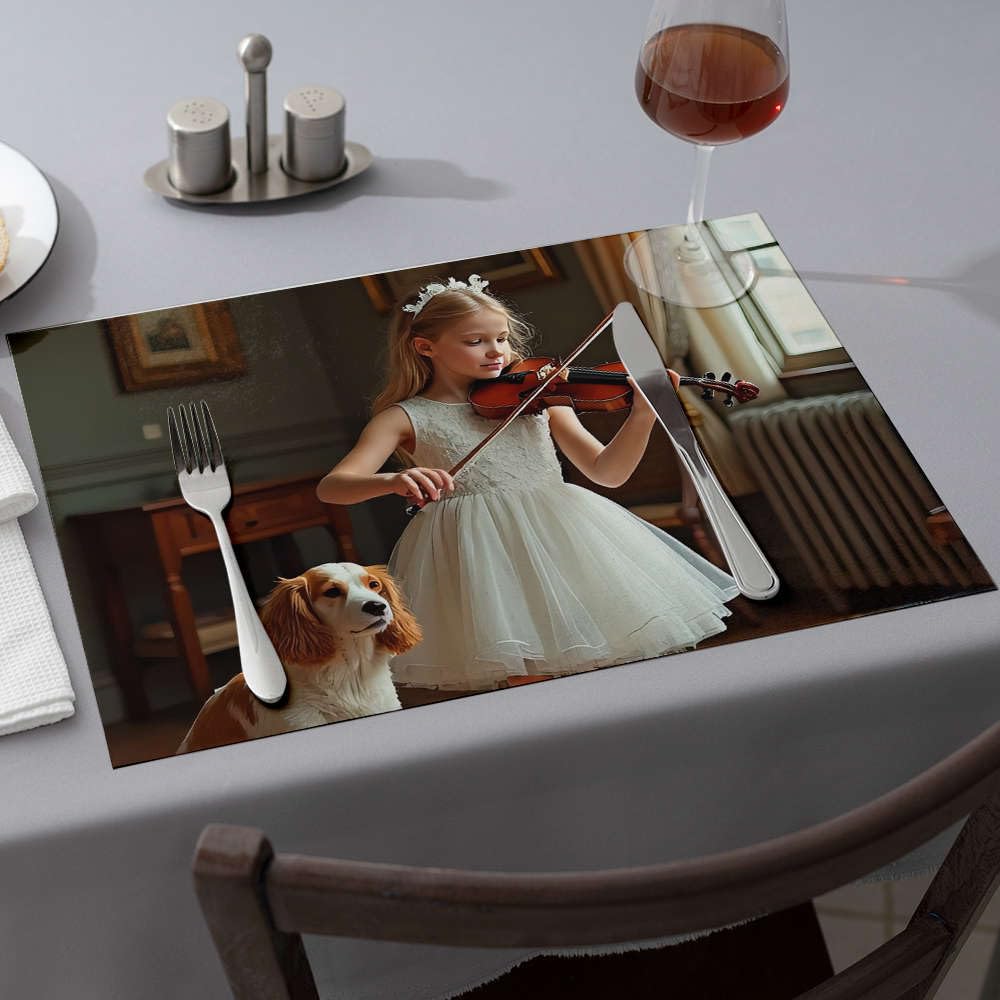 Set de table champêtre violoniste et chien lavable pour décoration de salle à manger lot de 6