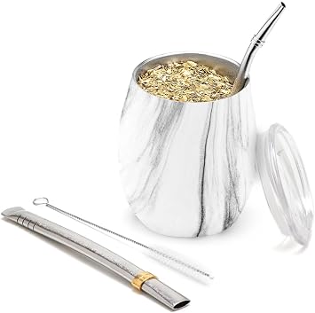 BALIBETOV 5 pcs large Yerba Mate Cup and Bombilla Kit, Includes one 8 oz Yerba Mate Gourd with Lid, Two Bombillas Mate Straw and one cleaning brush Marble, 8.00