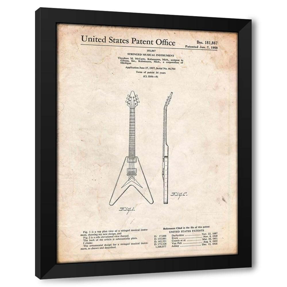PP48-Vintage Parchment Gibson Flying V Guitar Poster Custom Framed Art Print Giclee Print or Canvas Options with Various Sizes and Customization by Borders, Cole