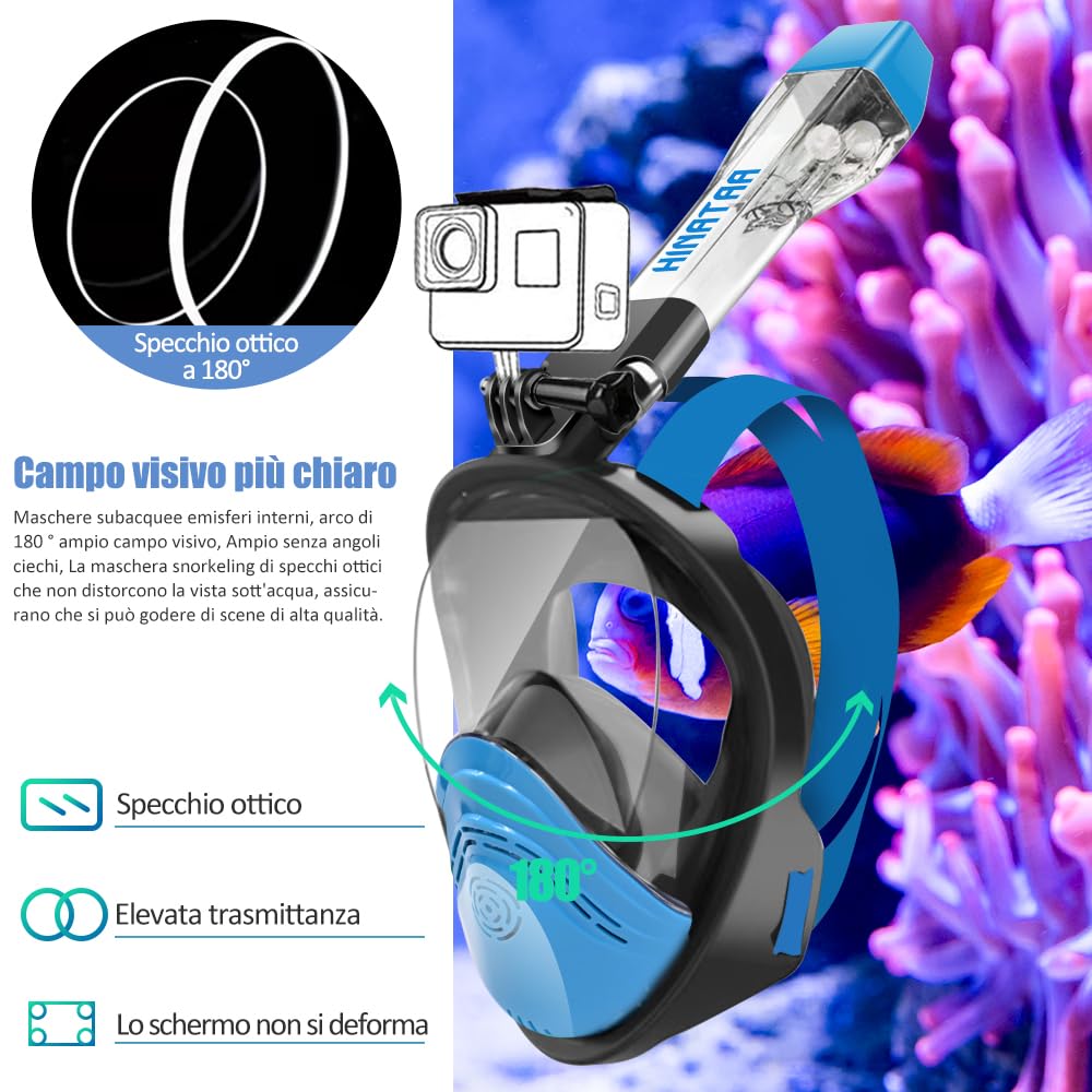 Maschera Subacquea,Doppia Palla Galleggiante Maschera Snorkeling,180° Anti-Nebbia Leak Proof Maschera Facciale Integrale Snorkeling,Fotocamere Compatibili Bambini,Adulti
