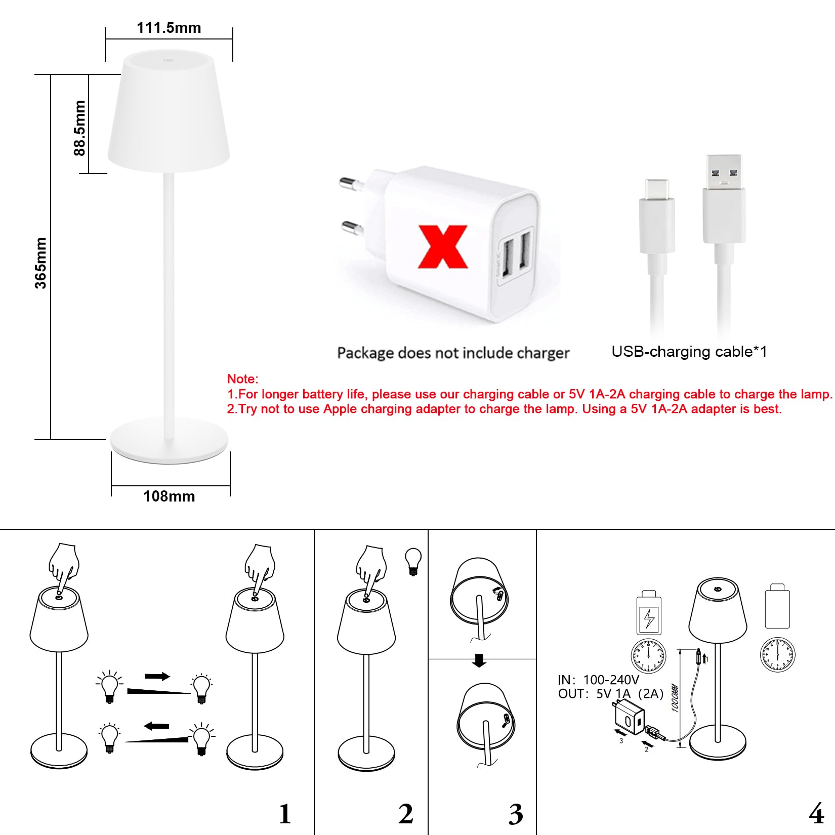 Klighten LED Dimmbare Akku Tischleuchte Weiß, Kabellose Wiederaufladbar Tischlampe Für Innen und Aussen mit USB-C, Warme Lichtfarbe 3000K, Aluminium, IP54 Wasserdichte