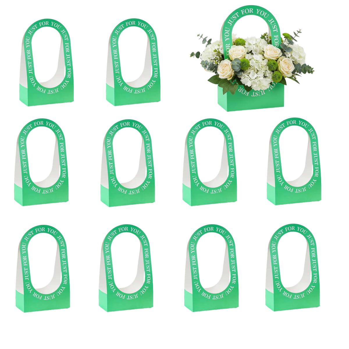 10Pcs Cardboard Flower Box with Handle Floral Gift Boxes with Handles Portable Bouquet Packaging for Florist (Green)