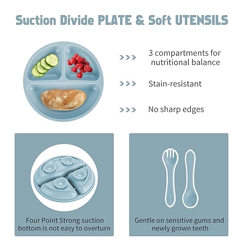 Miniatura 4 de Losecu Juego de alimentación de silicona Suministros de destete LED para bebés con plato, cuenco, babero, cuchara, tenedor, taza para beber sin BPA