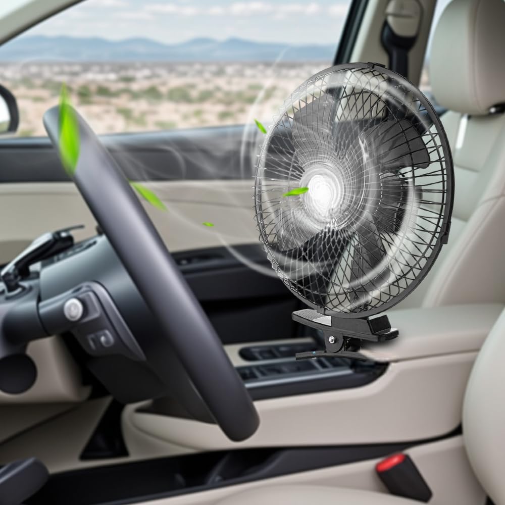 MASO 10" 24V Oscillating Car Fan,Clip-on Cigarette Lighter Plug,Portable Ventilated Silent Cooling,180°Rotatable,24 Volt Fan for Semi Trucks,Cars,RVs