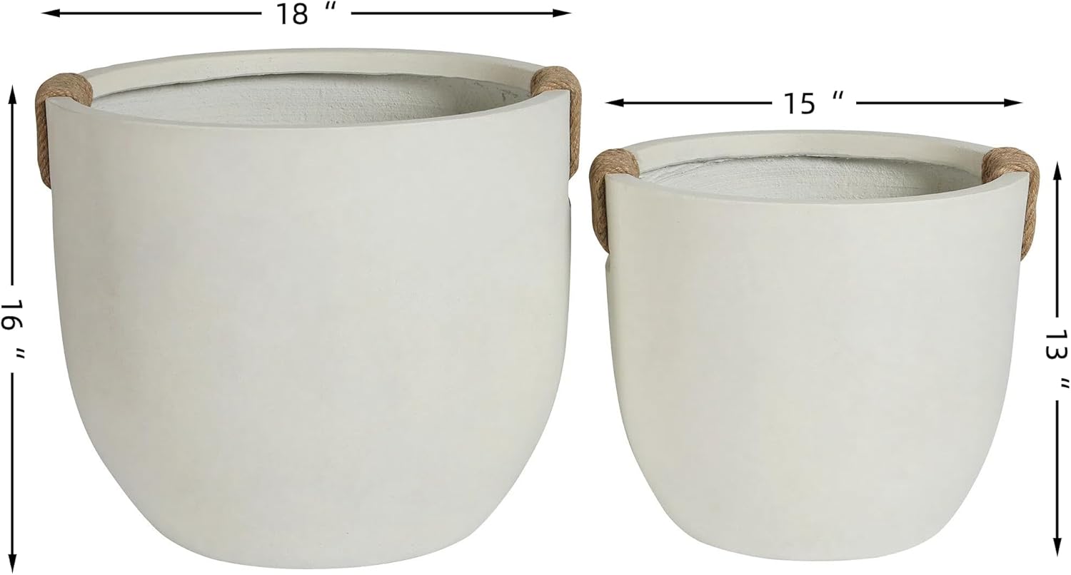 Large Off White Concrete Planter Set of 2, 15" & 18" Round Pots with Drainage Holes, Farmhouse Style Outdoor Decor for Front Porch, Entryway, Garden