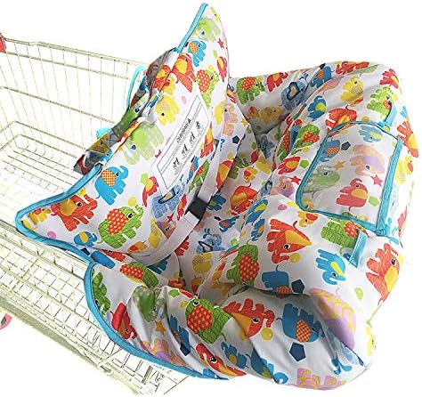 Shopping Cart Cover for Baby- 2-in-1 - Foldable Portable Seat with Bag for Infant to Toddler - Compatible with Grocery Cart Seat and High Chair - White Elephant Pattern