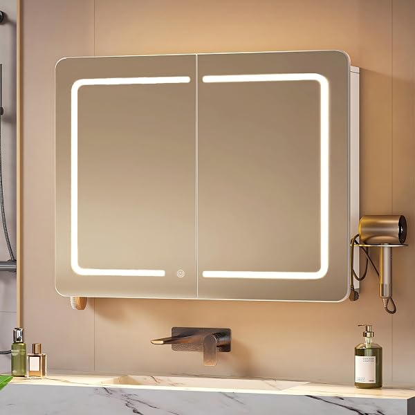 Hzuaneri Spiegelschrank Bad mit Beleuchtung, Badezimmer Spiegelschrank, 3 Farbtemperatur Dimmbare, Badezimmerschrank mit Spiegel und Verstellbarem Regal, 16,5 x 70 x 60 cm Weiß MC30203XEU - 1