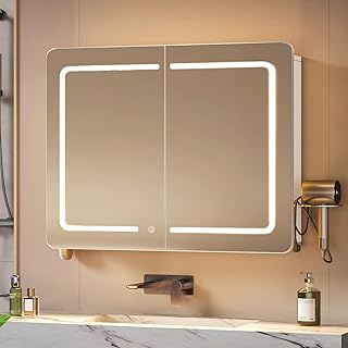 Hzuaneri Spiegelschrank Bad mit Beleuchtung, Badezimmer Spiegelschrank, 3 Farbtemperatur Dimmbare, Badezimmerschrank mit Spiegel und Verstellbarem Regal, 16,5 x 70 x 60 cm Weiß MC30203XEU