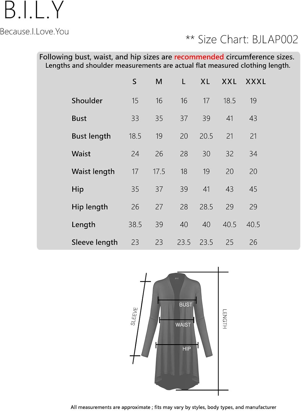 BH B.I.L.Y USA Women's Open Front Lightweight Jersey Classic Long Sleeve Cardigan