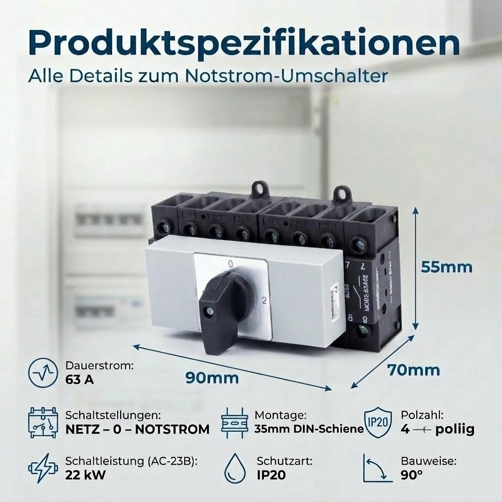 Sälzer Notstrom Umschalter - 63A - Lastumschalter 4-polig - Netz-0-Not - Schnappmontage für Hutschiene (Umschalter 63A)