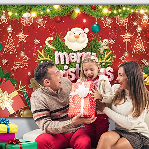 Image of 7x5FT Merry Christmas Banner - Santa Claus & Reindeer Background - Red Xmas Party Backdrop for Kids