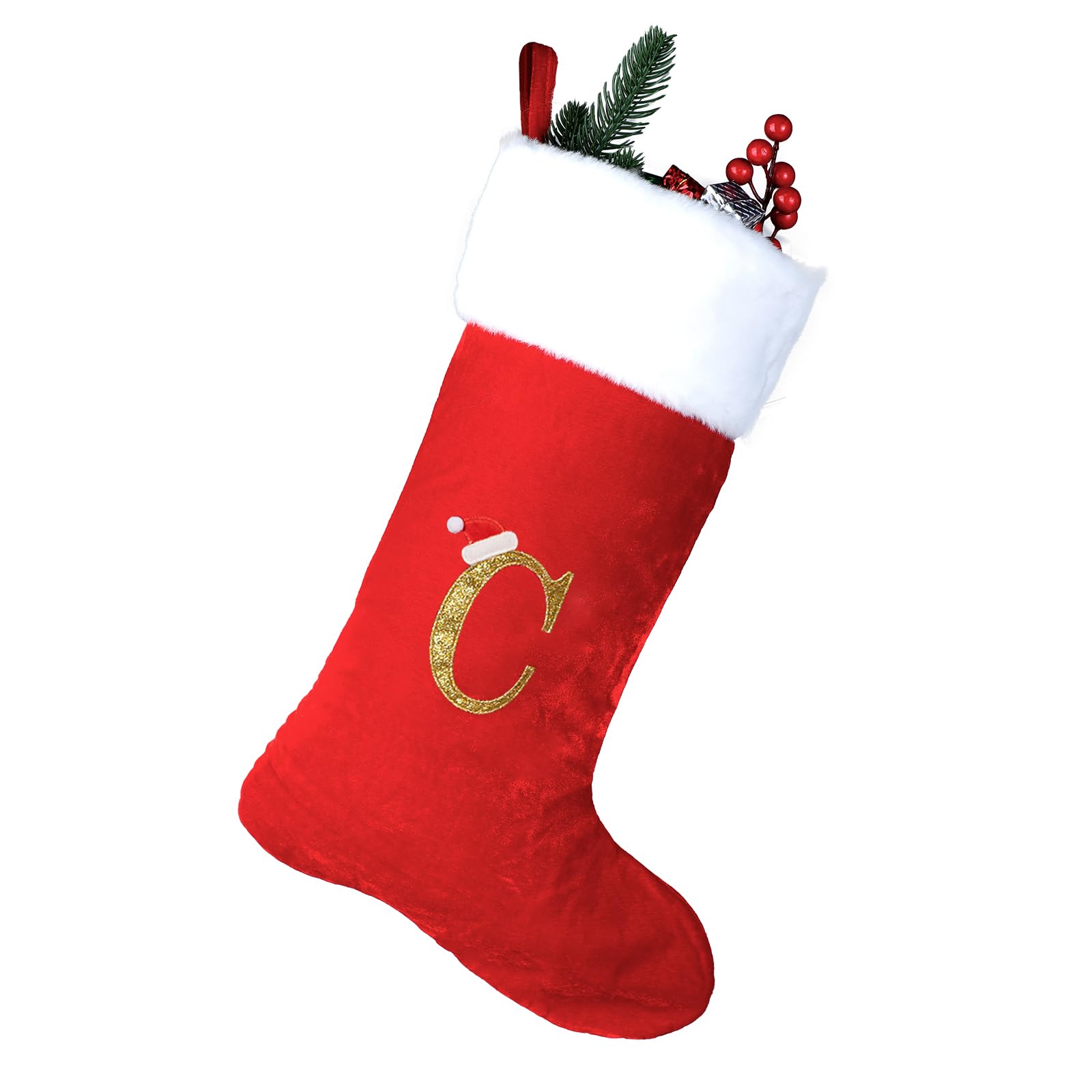 MSQ Chaussettes de Noël personnalisées de 45 cm avec Lettre C Rouge Velours | super doux pour Noël sapin de Noël vacances cheminée famille décoration