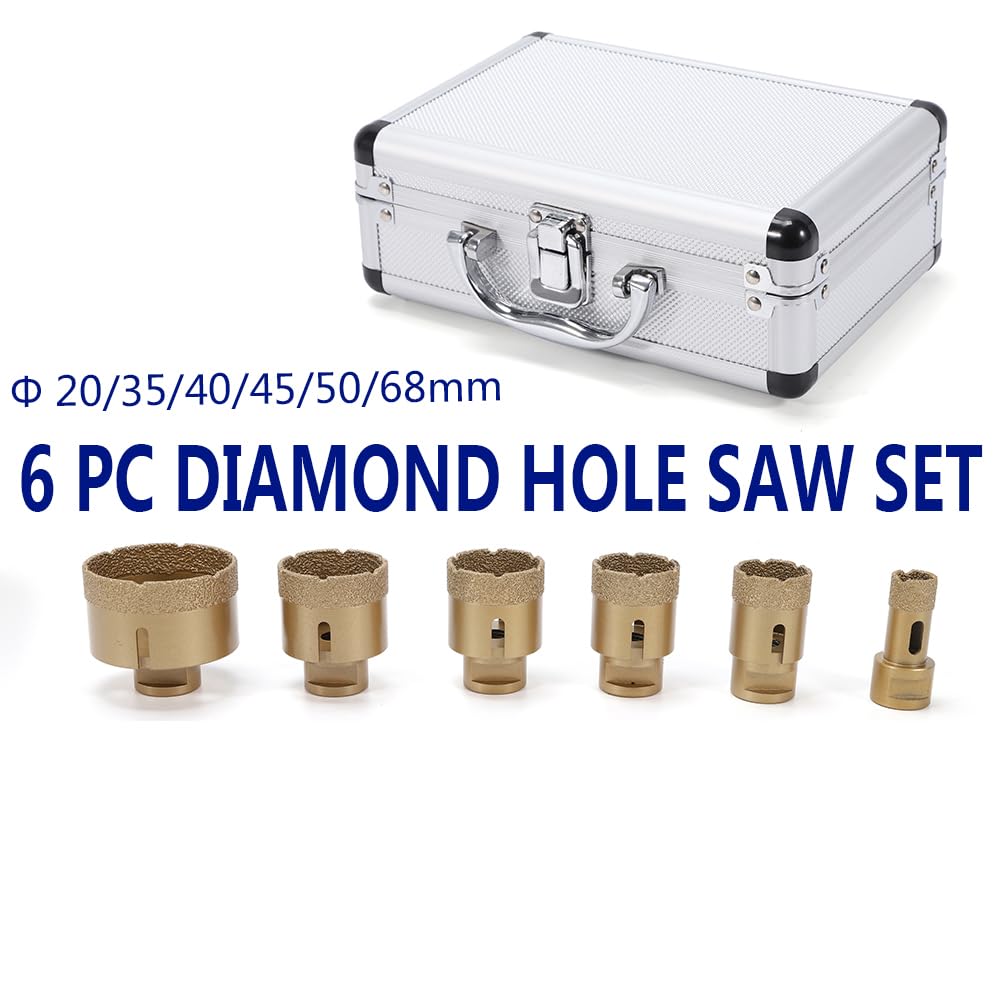 Zestaw otwornic, 6 sztuk, diamentowe koronki do płytek, profesjonalny zestaw wierteł diamentowych w pudełku 20/35/40/45/50/68 mm, stal węglowa, zestaw do wycinania otwornic do porcelany, płytek,