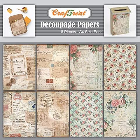 CrafTreat Vintage French Decoupage Paper for Crafts - French Background and Floral Fantasy - Size: A4-8 Pcs - Script Decoupage Paper for Scrapbooking - Furniture Decoupage Paper French Writing Cover