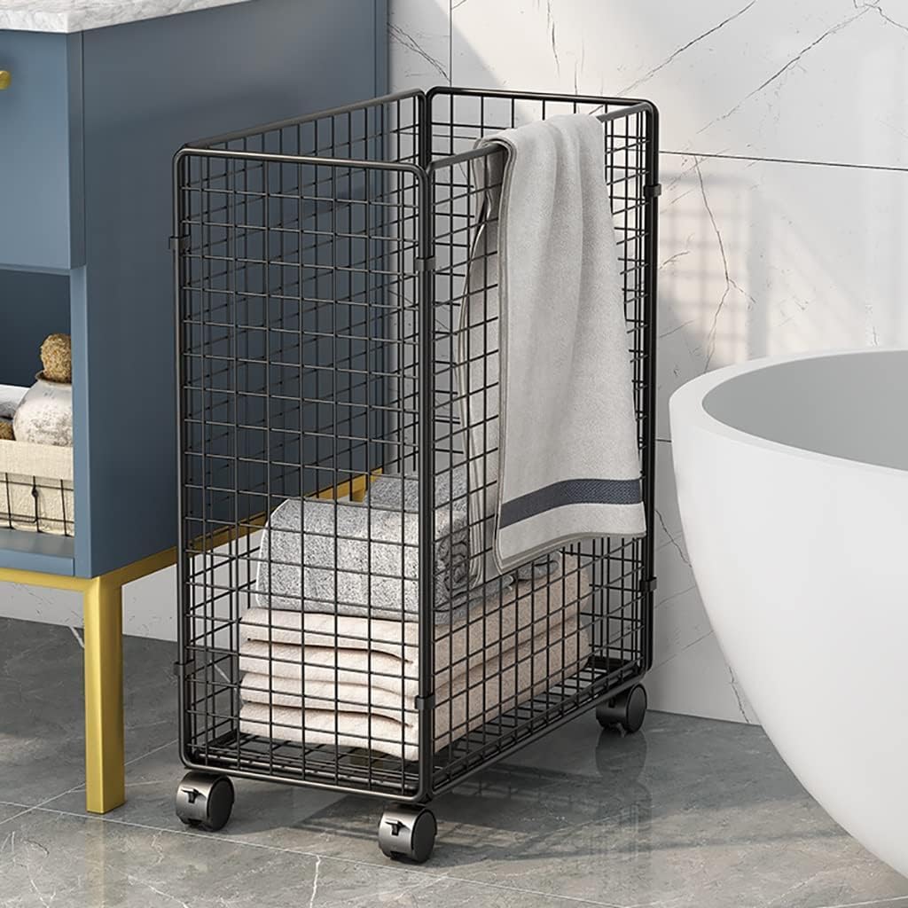 Carrello Portabiancheria con Ruote in Metallo, Cesto Portabiancheria Pieghevole in Metallo con Ruote, Cesto Portaoggetti per Vestiti O Biancheria, per Soggiorno, Bagno(Color:Nero)